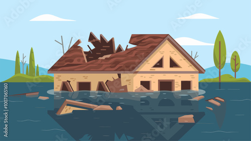 A partially submerged house with broken walls, aftermath of a severe flood.