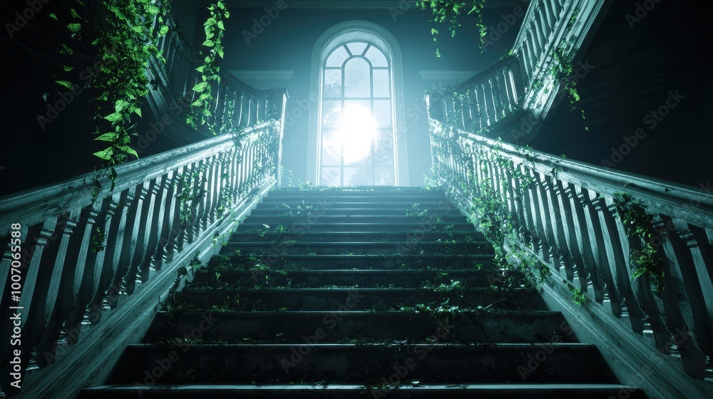 A grand staircase leading upwards into darkness within a decaying mansion illuminated only by a sliver of moonlight through a broken window at the top. A grand staircase leading upwards into darkness within a decaying mansion illuminated only by a sliver of moonlight through a broken window at the top.