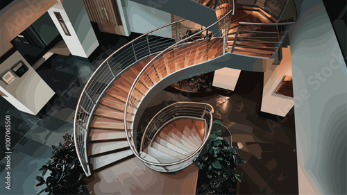 Elegant spiral staircase with wooden treads and metal railings, ambient lighting in a contemporary lobby.