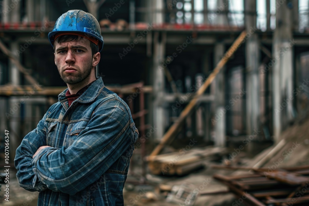 A person wearing a hard hat stands in front of a building, likely a construction worker A person wearing a hard hat stands in front of a building, likely a construction worker
