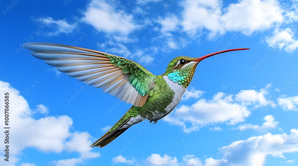 Obraz premium Sword-billed Hummingbird Flying in Nature Under Blue Sky, Photo Realistic, Wallpaper, Cover and Screen for Smartphone, PC, Laptop, 9:16 and 16:9 Format