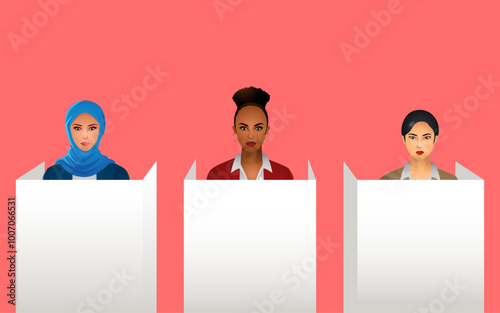Women of different races standing in voting booths, symbolizing diversity and empowerment in democratic participation. Perfect for themes of equality, civic duty, and political engagement
