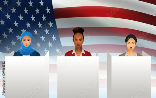 Women of different races standing in voting booths against American flag, symbolizing diversity and empowerment in democratic participation. Perfect for themes of equality and political engagement