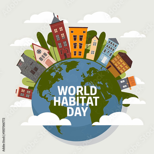Creative World Habitat Day vector featuring Earth surrounded by buildings representing urbanization Perfect for promoting habitat protection and urban sustainability

