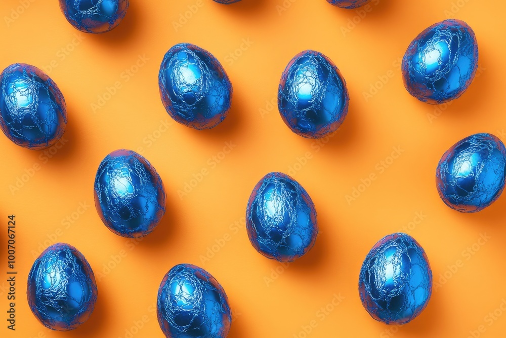 Luxurious Easter Eggs in Blue Foil on Vibrant Orange Background Luxurious Easter Eggs in Blue Foil on Vibrant Orange Background