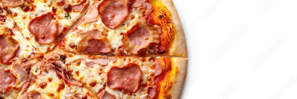 Savoury Pizza Delight with Premium Bacon, Ham, and Mozzarella Cheese, Set on a White Background Savoury Pizza Delight with Premium Bacon, Ham, and Mozzarella Cheese, Set on a White Background