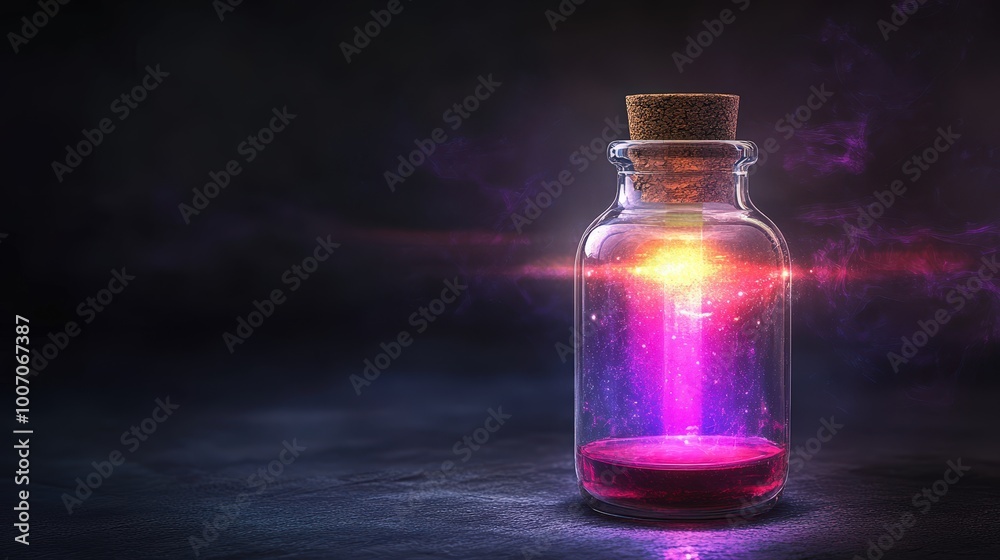 A bottle of liquid with a purple glow and a yellow light inside A bottle of liquid with a purple glow and a yellow light inside