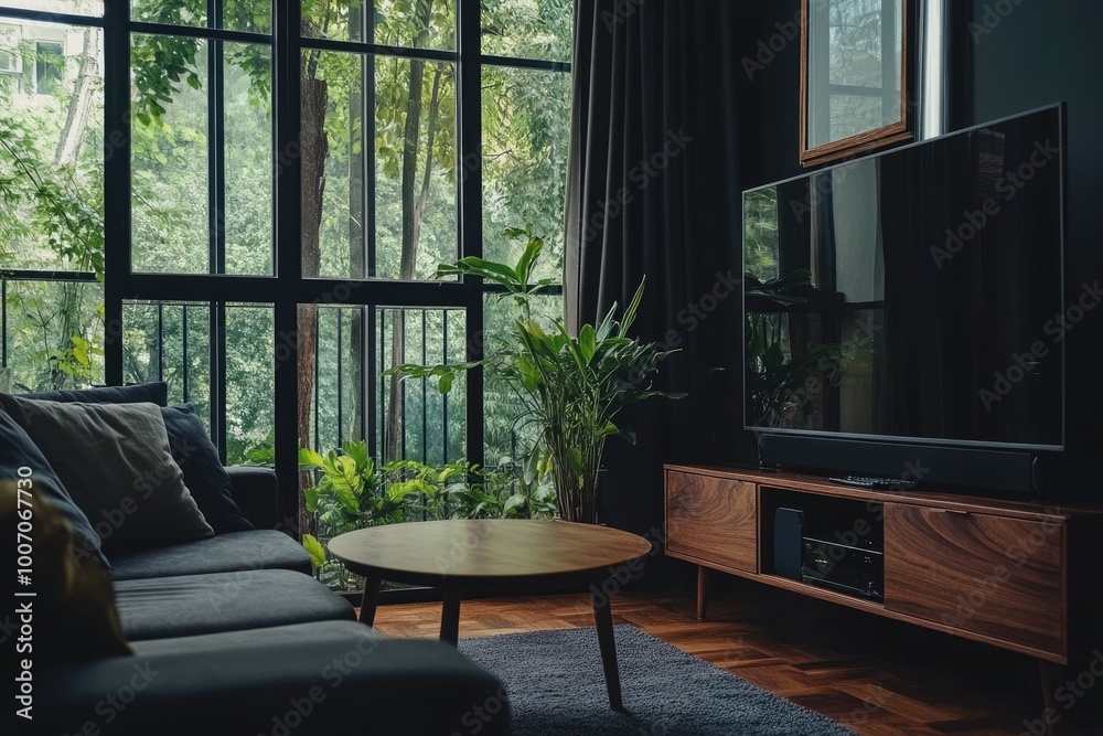 Modern & Stylish Interior Design with TV, Sofa, and Minimalist Decor on Parquet Floor Modern & Stylish Interior Design with TV, Sofa, and Minimalist Decor on Parquet Floor