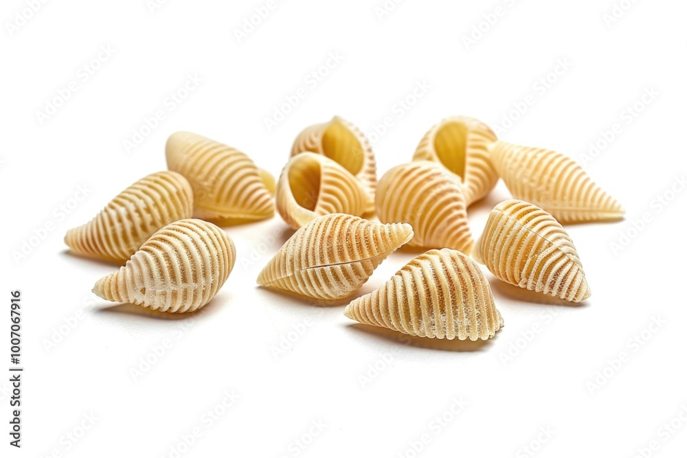 A dish of cooked pasta shells on a clean white surface, ready for serving or styling A dish of cooked pasta shells on a clean white surface, ready for serving or styling