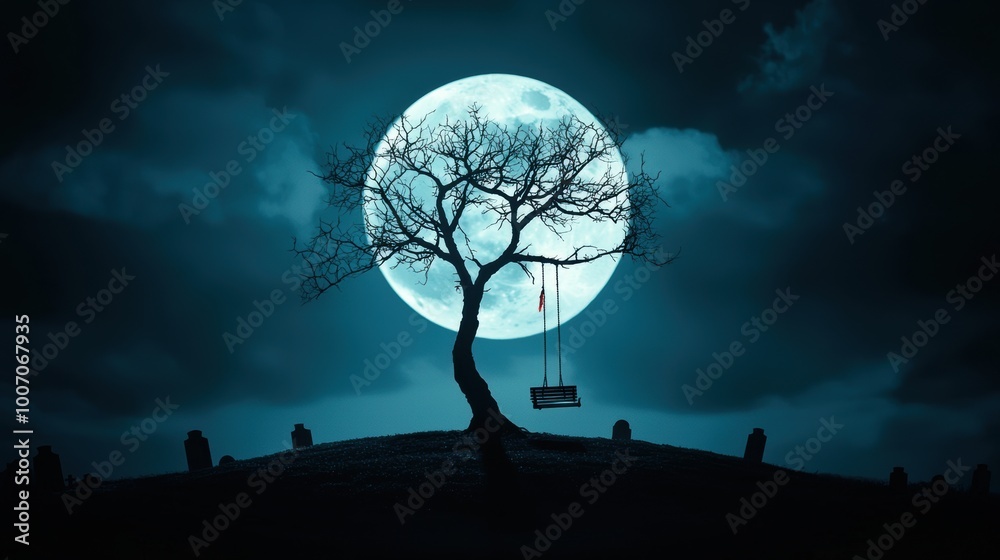 A full moon casts long shadows through the skeletal branches of a gnarled tree growing in the center of a graveyard a single swing hanging from its branches swaying gently a bloodstained ribbon tied A full moon casts long shadows through the skeletal branches of a gnarled tree growing in the center of a graveyard a single swing hanging from its branches swaying gently a bloodstained ribbon tied