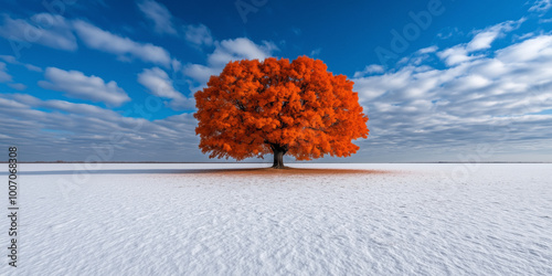A vivid orange tree stands in stark contrast against a vast, snow-covered landscape. The tree’s bright foliage,beauty of fall persisting into winter, endurance and the fleeting nature of seasons. photo