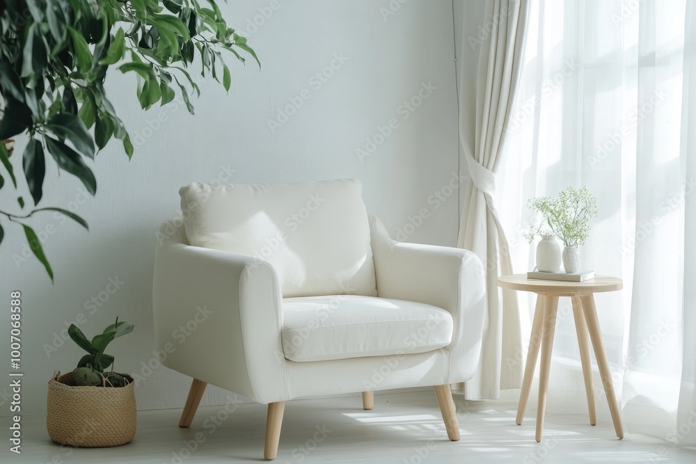 Fototapeta premium Modern and Minimalistic Living Room Design with Armchair and Decor in White Color