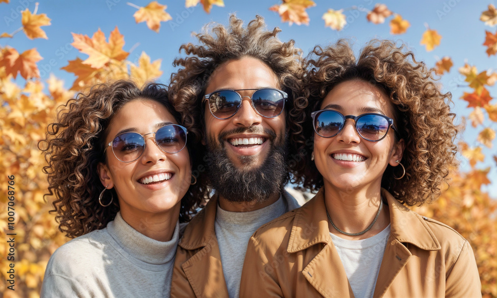 A smiling Black family with falling Autumn leaves A smiling Black family with falling Autumn leaves