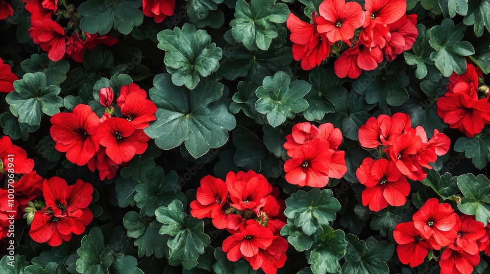 Vibrant Red Flowers with Green Leaves Background Vibrant Red Flowers with Green Leaves Background