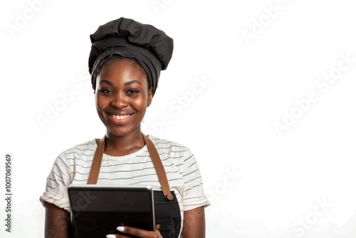 A woman wearing a turban holds a tablet computer, ready for work or leisure