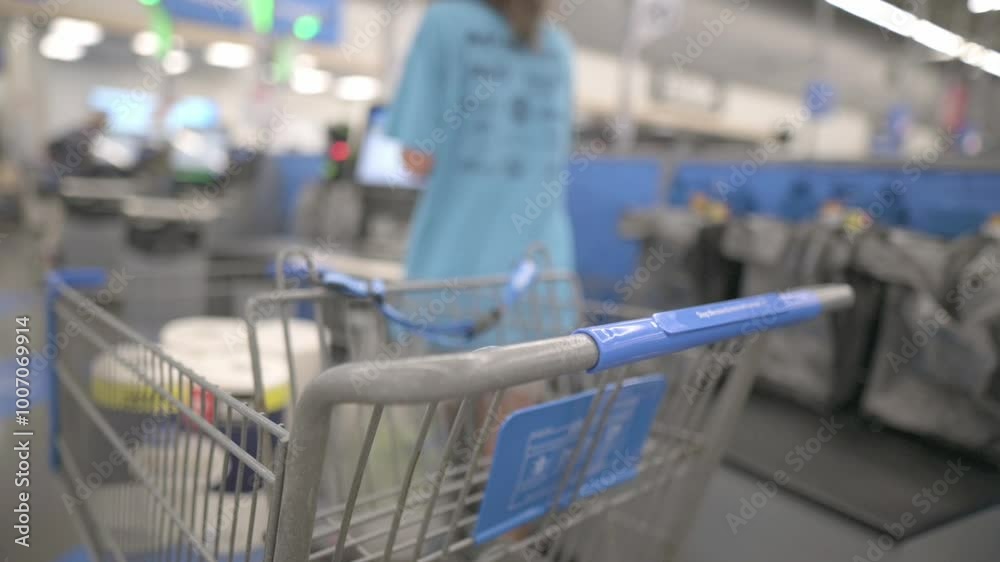 Close-up of a shopping cart in a supermarket self-checkout area, with a customer in the background. High quality 4k footage Close-up of a shopping cart in a supermarket self-checkout area, with a customer in the background. High quality 4k footage