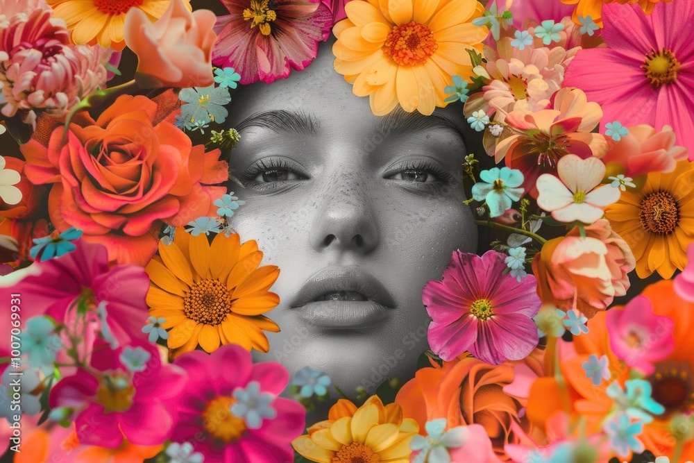 A woman surrounded by flowers in a black and white photo A woman surrounded by flowers in a black and white photo