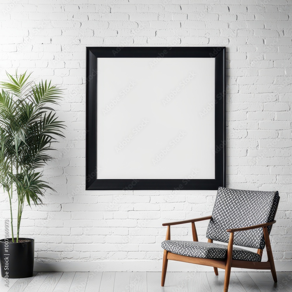 A minimalist interior featuring a blank frame, a chair, and a potted plant against a white wall. A minimalist interior featuring a blank frame, a chair, and a potted plant against a white wall.