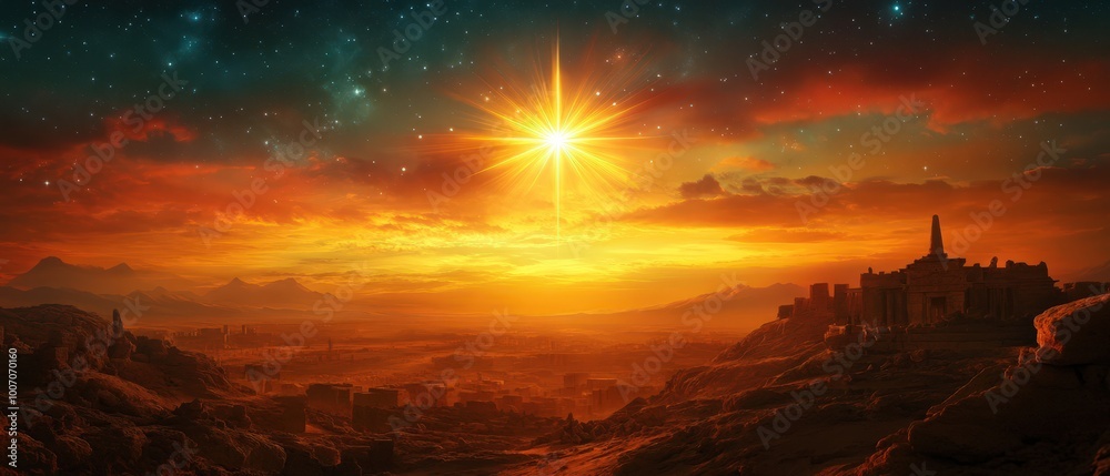 A beautiful landscape with a bright star in the sky A beautiful landscape with a bright star in the sky