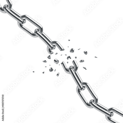 Broken steel chain. Weak link. Failure concept