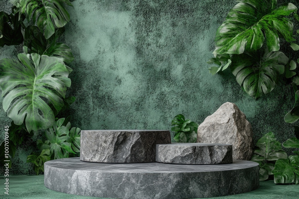 Geometric Green Rock Pedestal for Product Presentation on Concrete Background Geometric Green Rock Pedestal for Product Presentation on Concrete Background