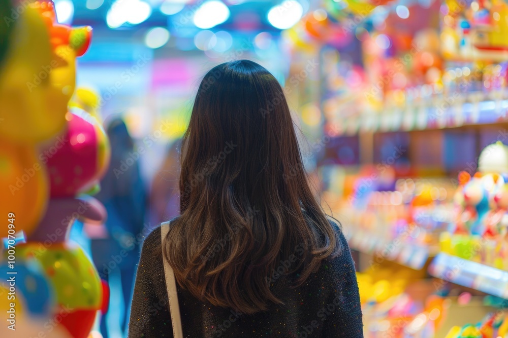 A woman stands outside a toy store filled with colorful toys and decorations