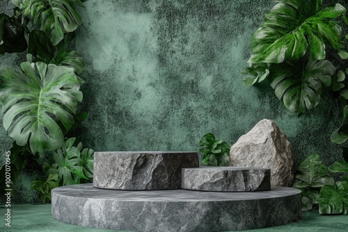 Geometric Green Rock Pedestal for Product Presentation on Concrete Background