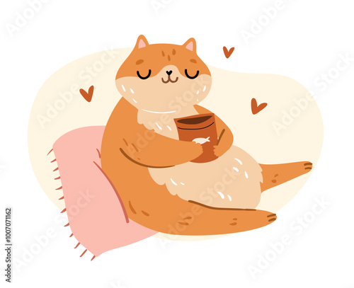 Cute orange cat character eating