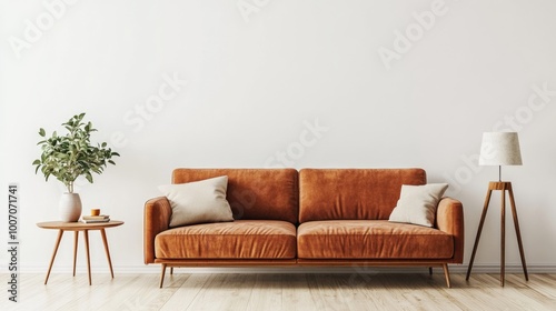Modern Living Room Interior with Brown Couch  Lamp  Plant and Table on White Wall Background