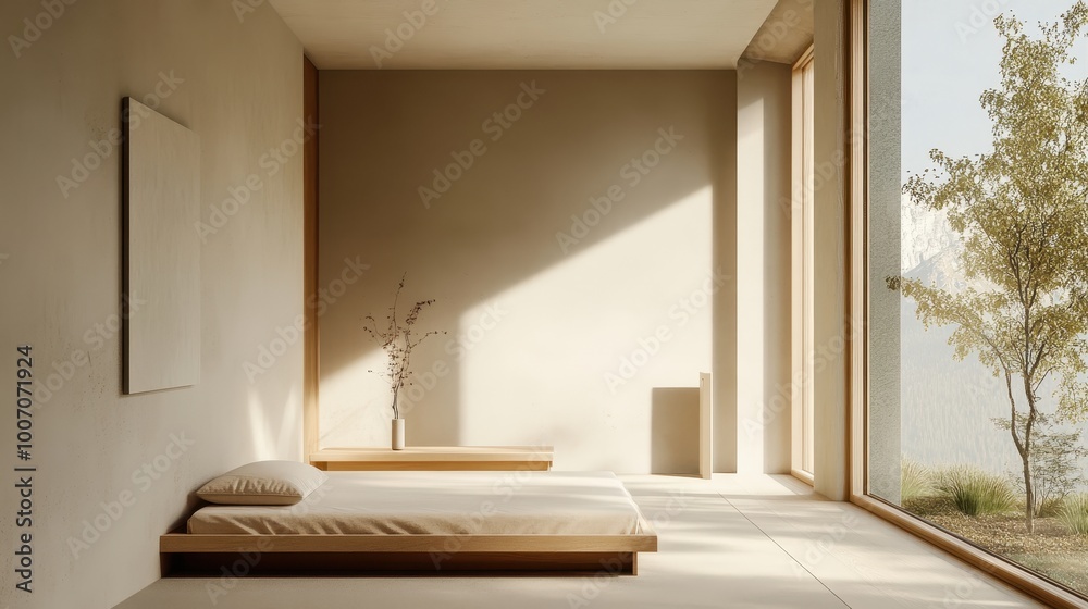 Fototapeta premium Minimalist bedroom with a single bed, light wood furniture, and a large window for natural lighting.