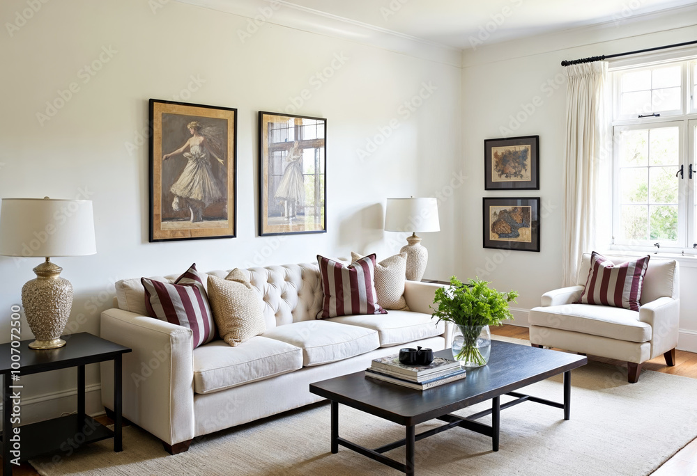 Fototapeta premium Elegant white living room interior design with ballerina artwork white sofa and armchair natural light hardwood floor coffee table interior design inspiration trends home decor
