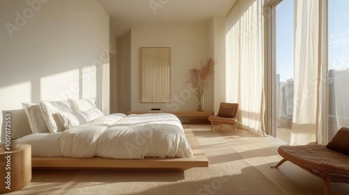 Minimalist bedroom with light wood furniture  neutral walls  and plenty of natural light