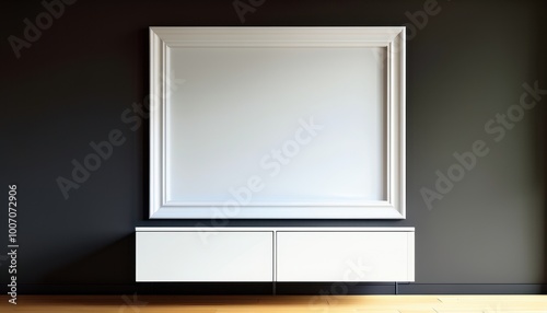 A minimalist interior featuring a large empty frame on a dark wall above a white cabinet.