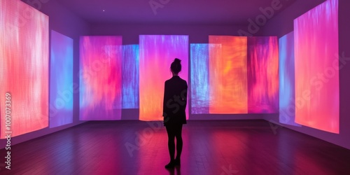 a person standing in front of a wall of colorful lights photo