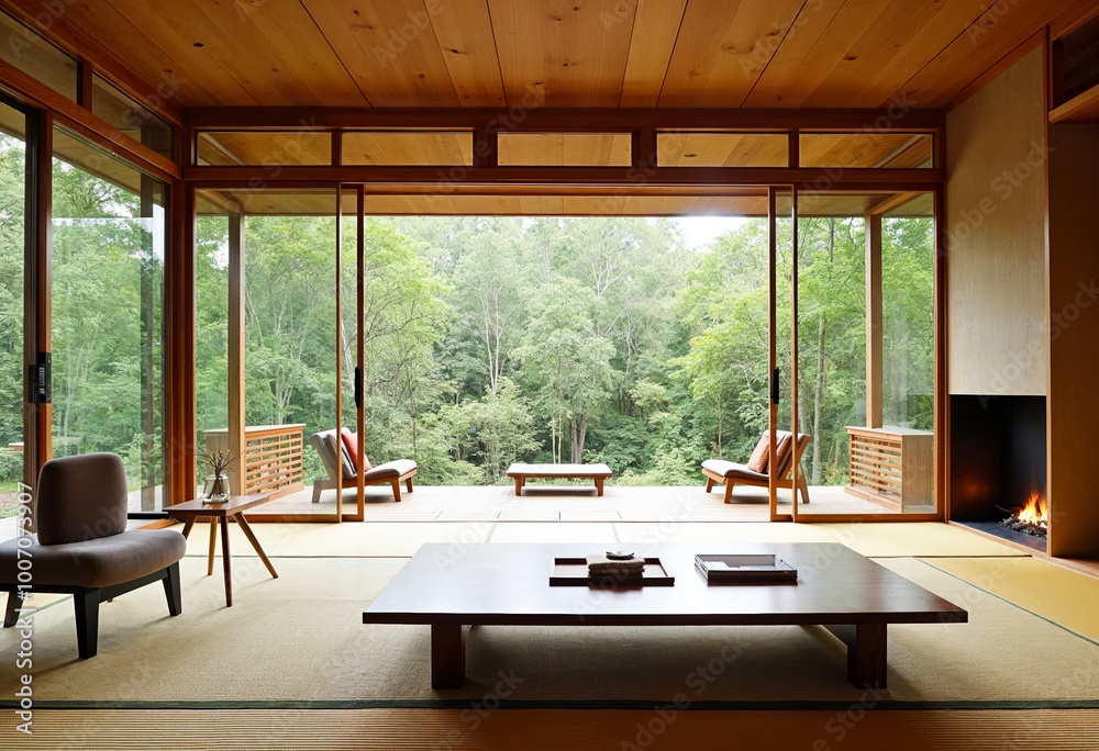Fototapeta premium Modern Japanese house interior with nature view wooden furniture tatami mat and open space living room design minimal architecture home forest relaxing getaway