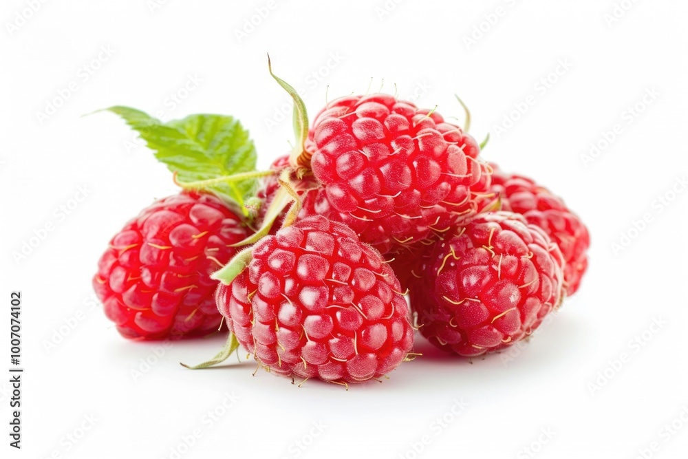 A bundle of fresh raspberries with leaves on top, ideal for use in food or nature-themed images A bundle of fresh raspberries with leaves on top, ideal for use in food or nature-themed images