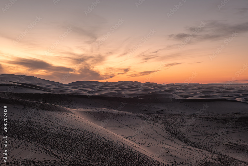 Sunset over the sand dunes of Merzouga, Morocco. Sunset over the sand dunes of Merzouga, Morocco.