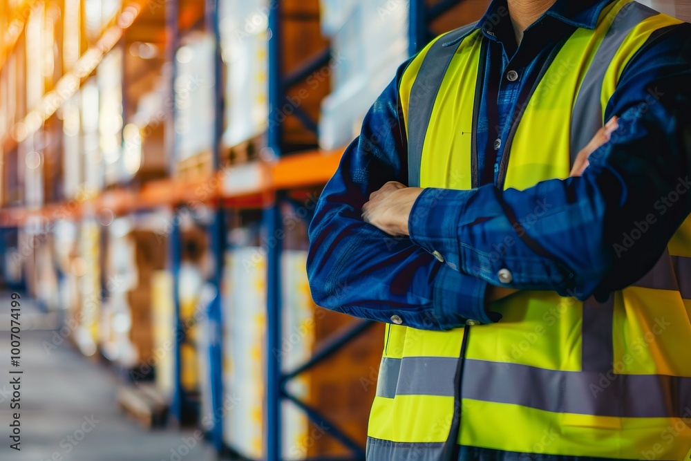Health and Safety Officer: Ensuring safety in warehouse operations, ergonomic practices for packing staff, compliance with health regulations. , background blur Health and Safety Officer: Ensuring safety in warehouse operations, ergonomic practices for packing staff, compliance with health regulations. , background blur
