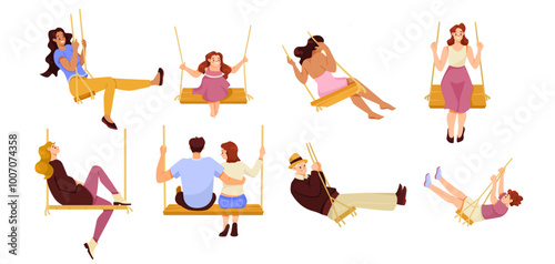 Happy People Rocking on Swing Hanging on Rope Vector Set