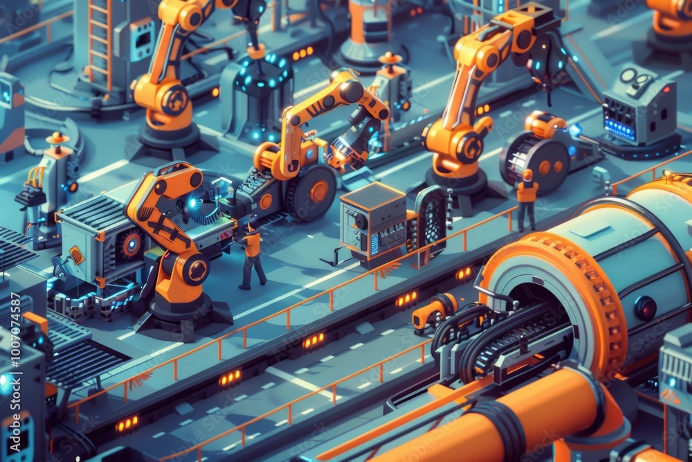 Assembly line workers with robotic machinery, Assembly line workers with robotic machinery,