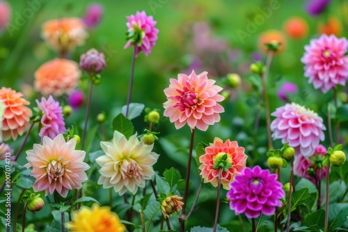 A vibrant field of various colored flowers on green grass