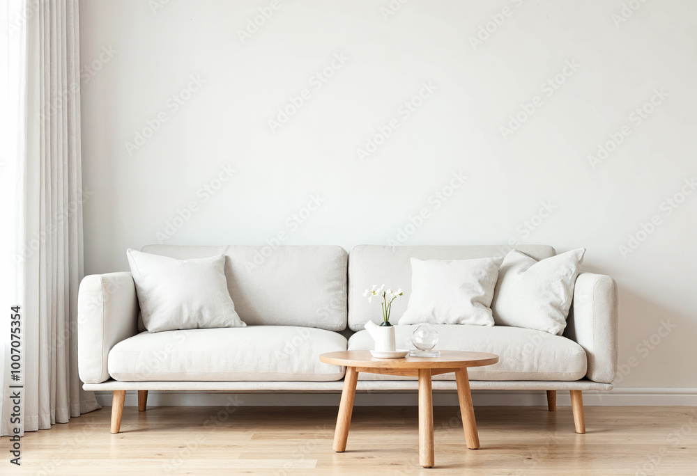 Modern minimalist living room interior with beige sofa wooden coffee table empty wall home interior design apartment mockup furniture real estate Modern minimalist living room interior with beige sofa wooden coffee table empty wall home interior design apartment mockup furniture real estate