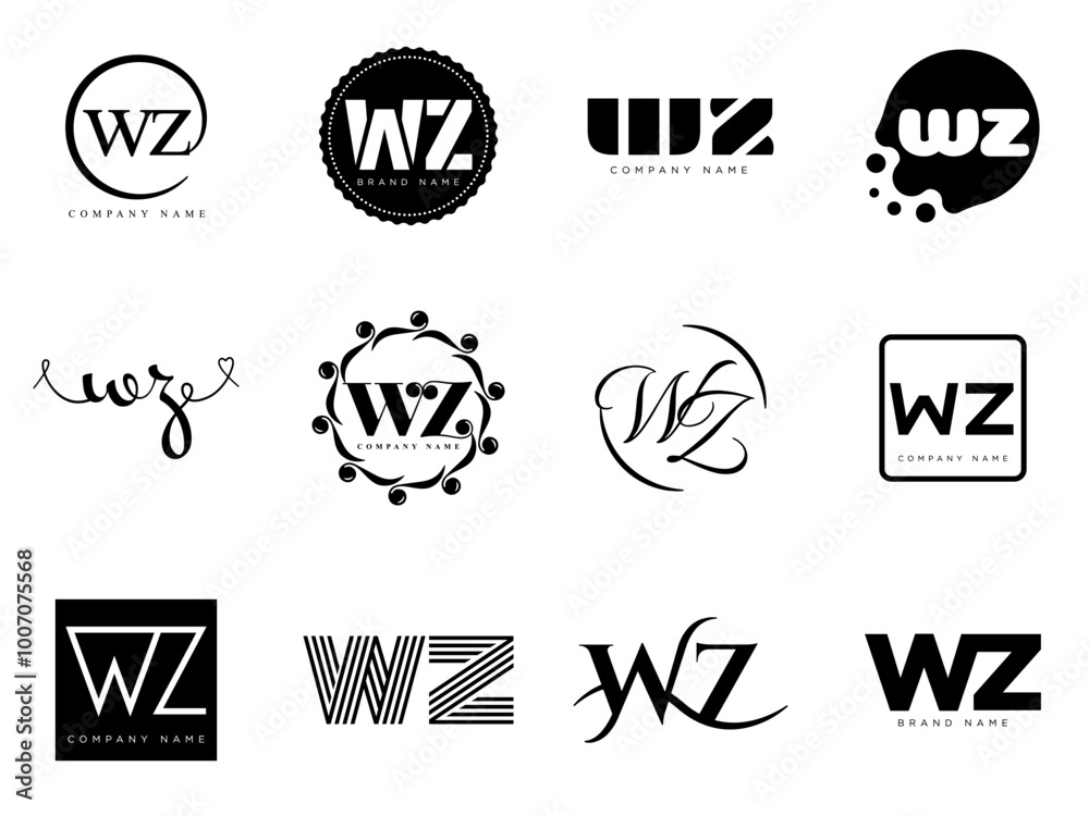 WZ logo company template. Letter w and z logotype. Set different classic serif lettering and modern bold text with design elements. Initial font typography. WZ logo company template. Letter w and z logotype. Set different classic serif lettering and modern bold text with design elements. Initial font typography.