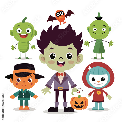 Illustration Kids in Playful Halloween Costumes 