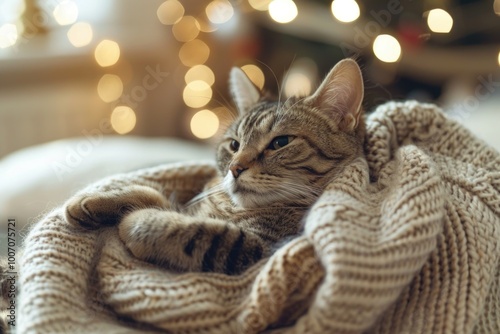 A domestic cat is resting under a blanket