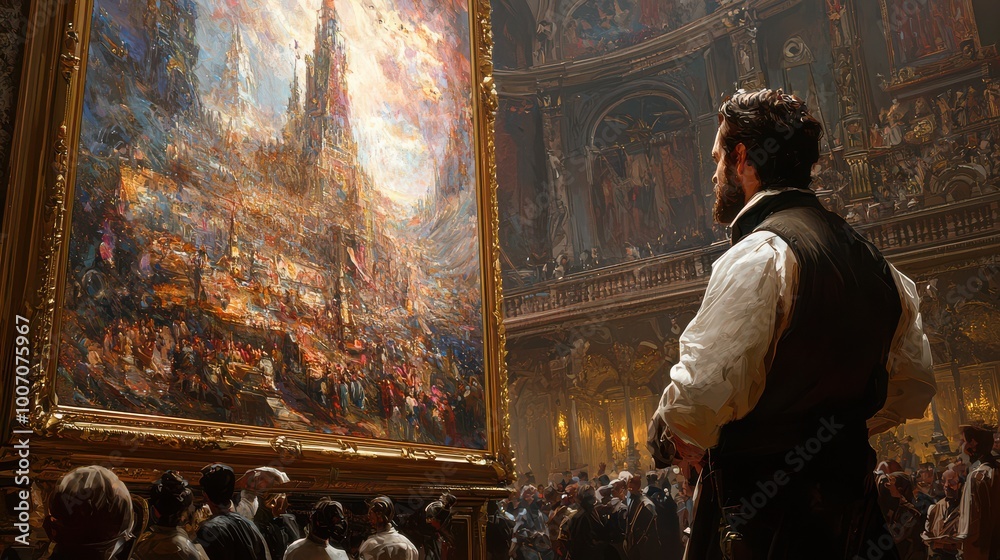 Majestic scene in a grand European gallery with a captivating painting and thoughtful observer Majestic scene in a grand European gallery with a captivating painting and thoughtful observer
