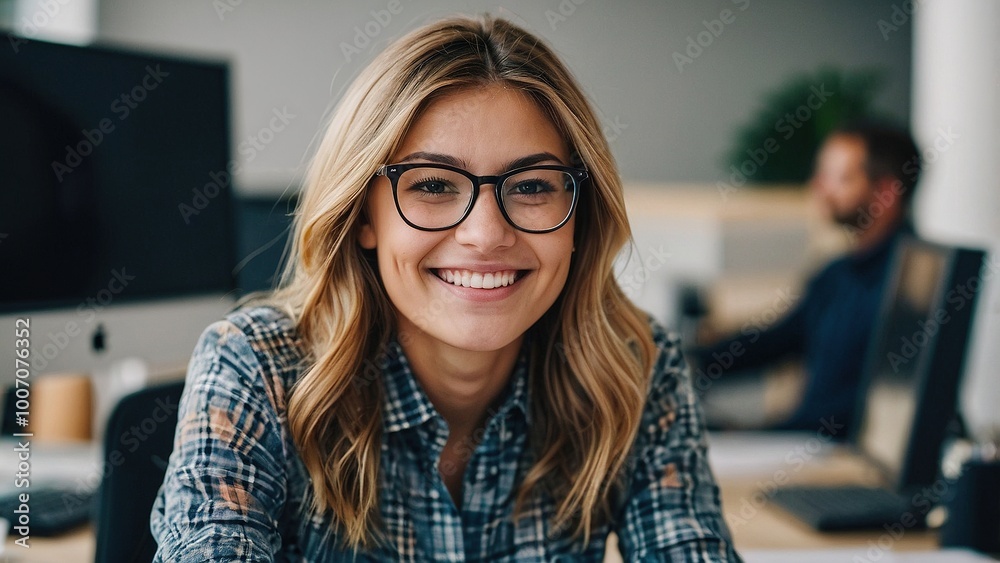 Fototapeta premium A Smiling Female Office Worker Wearing Glasses Sits at Her Desk in a Modern Workspace During a Productive Afternoon