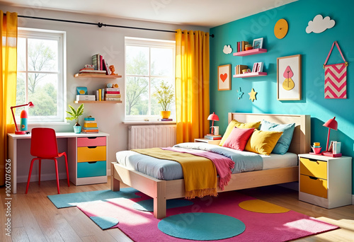 Modern colorful childs bedroom interior design with bed desk and toys