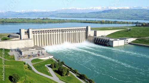 Modern Hydroelectric Dam Surrounded by Scenic Landscape