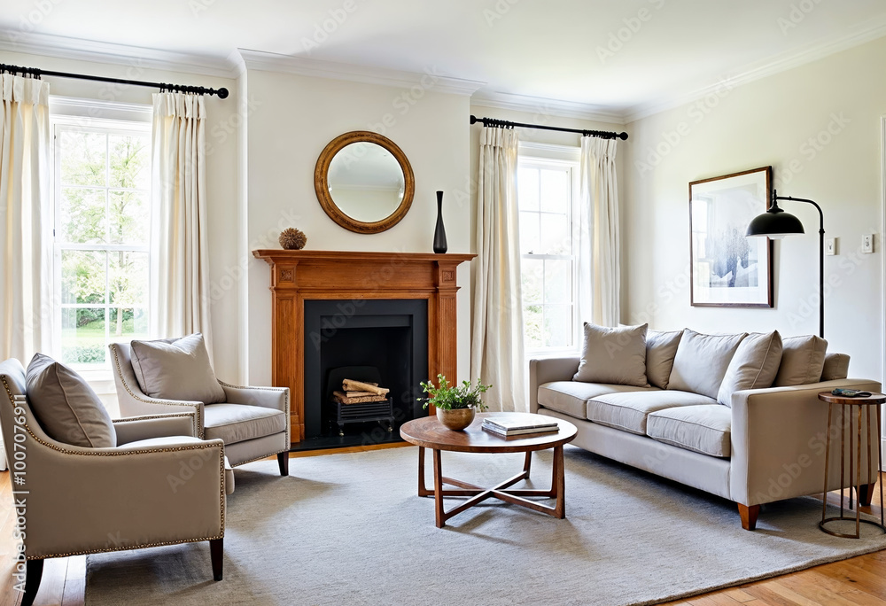 Elegant living room interior design with fireplace sofa and armchairs Elegant living room interior design with fireplace sofa and armchairs